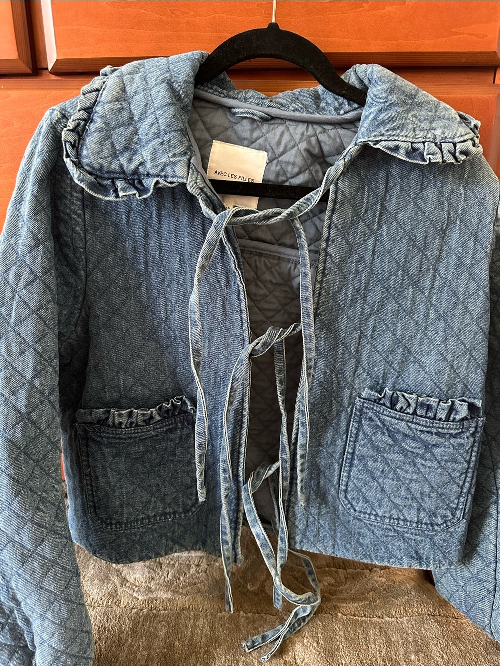 Avec Les Filles Quilted Denim Jacket with Ruffle Collar in Light Blue